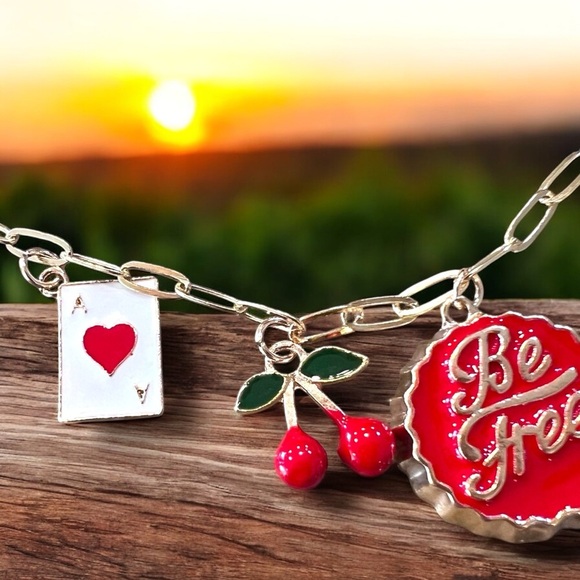 Gold toned dainty and fun Charm Necklace cherries, heart, boot and crystals - Picture 4 of 17